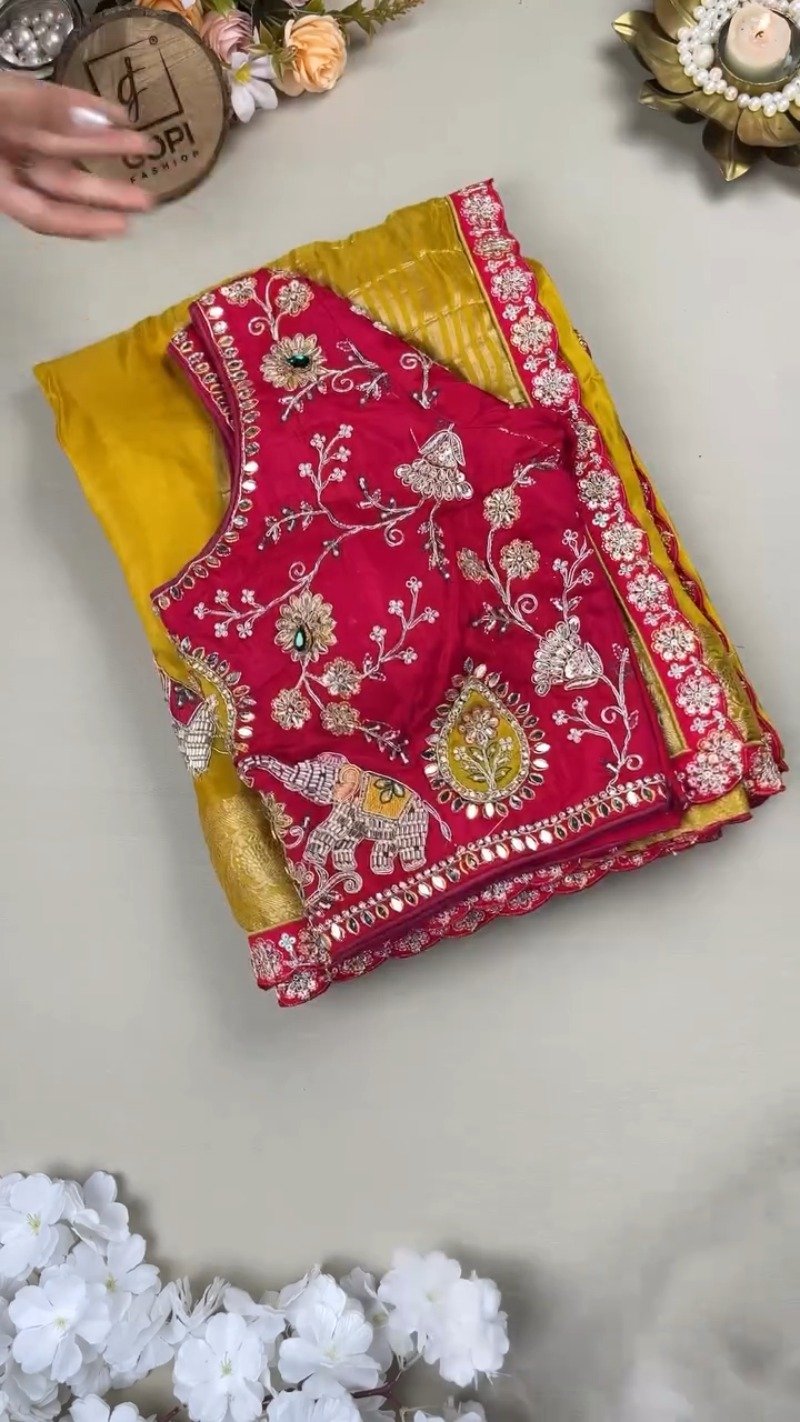 Royal Mustard Silk Saree with Hand-Embroidered Pink Elephant Motif Blouse – Available in Mustard & Pink
