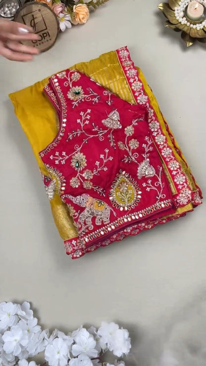 Royal Mustard Silk Saree with Hand-Embroidered Pink Elephant Motif Blouse – Available in Mustard & Pink