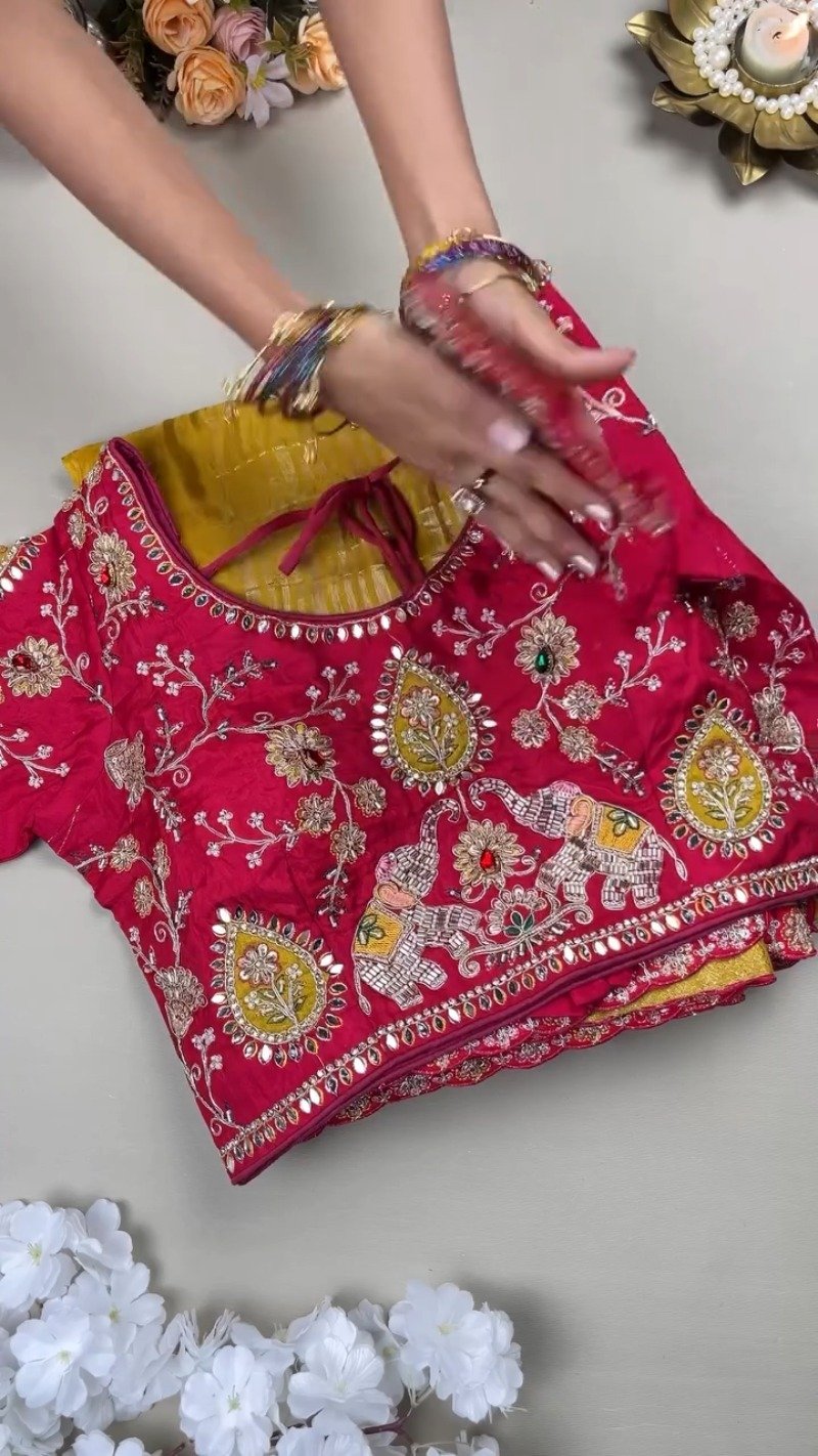 Royal Mustard Silk Saree with Hand-Embroidered Pink Elephant Motif Blouse – Available in Mustard & Pink