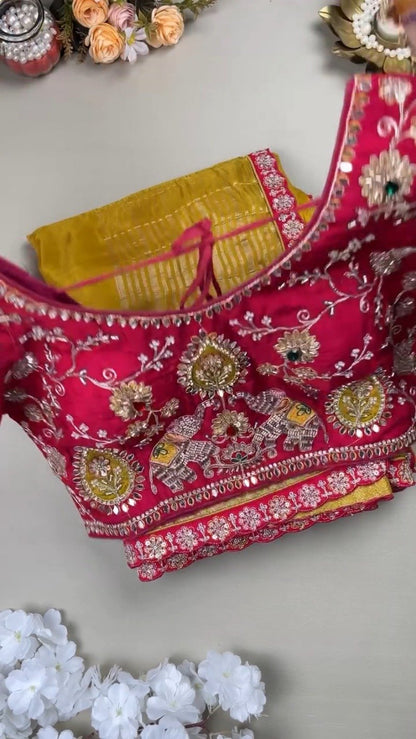 Royal Mustard Silk Saree with Hand-Embroidered Pink Elephant Motif Blouse – Available in Mustard & Pink