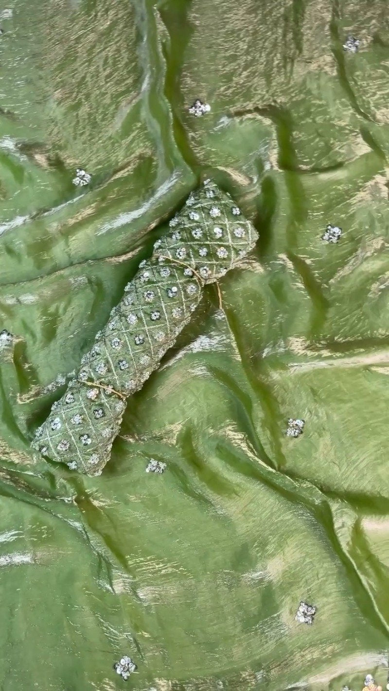 Olive Green Hand-Embellished Organza Saree Set