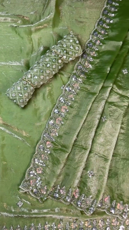 Olive Green Hand-Embellished Organza Saree Set