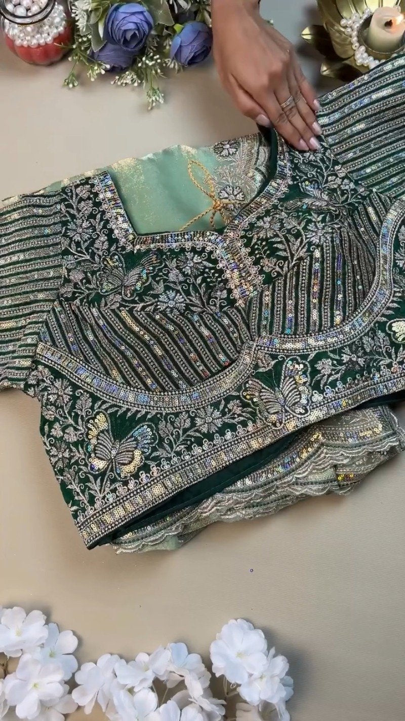 Enchanting Butterfly Motif Embroidered Saree Set – Available in Mint Green & Deep Emerald