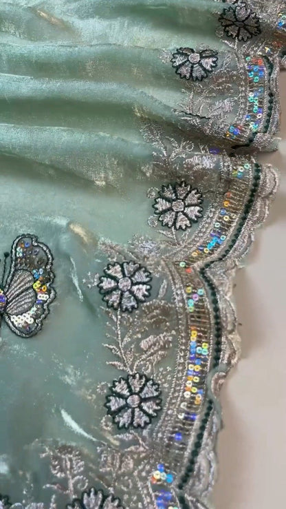 Enchanting Butterfly Motif Embroidered Saree Set – Available in Mint Green & Deep Emerald