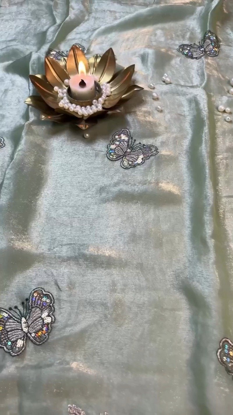 Enchanting Butterfly Motif Embroidered Saree Set – Available in Mint Green & Deep Emerald