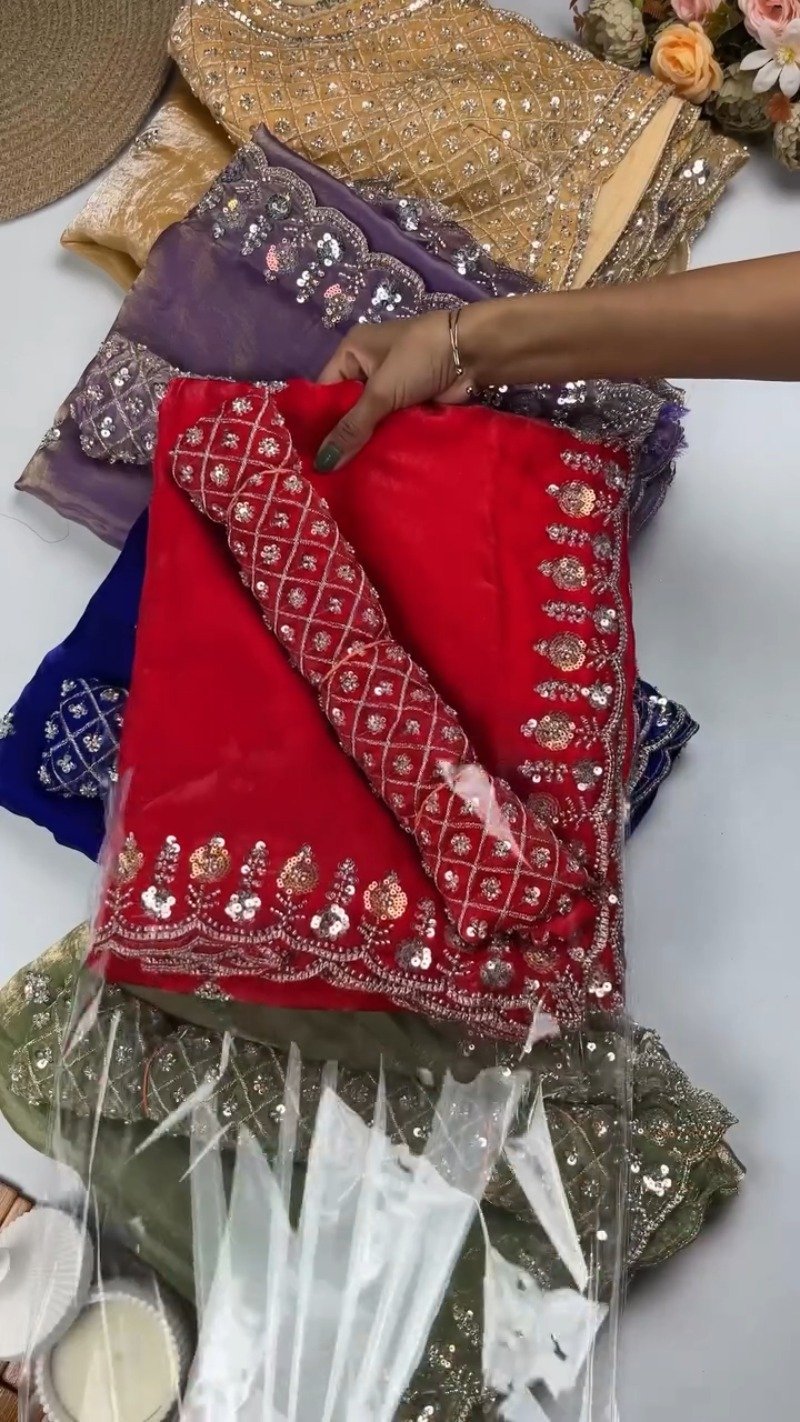 Opulent Velvet Sequined Festive Saree Set – Available in Mustard Gold, Royal Blue, Olive Green & Regal Red