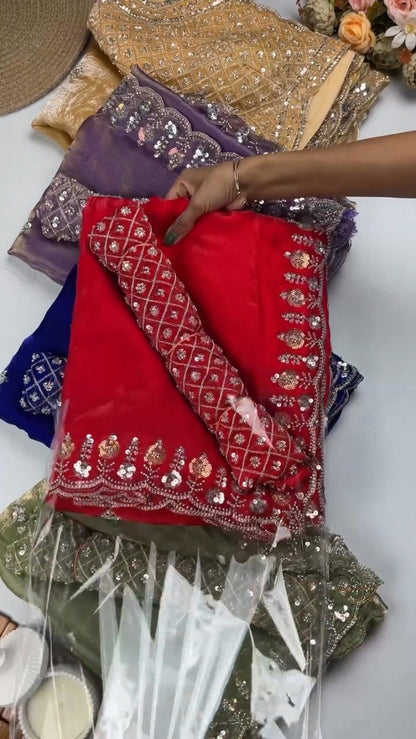 Opulent Velvet Sequined Festive Saree Set – Available in Mustard Gold, Royal Blue, Olive Green & Regal Red