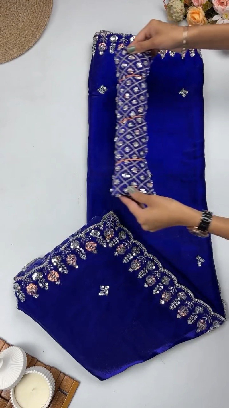 Opulent Velvet Sequined Festive Saree Set – Available in Mustard Gold, Royal Blue, Olive Green & Regal Red