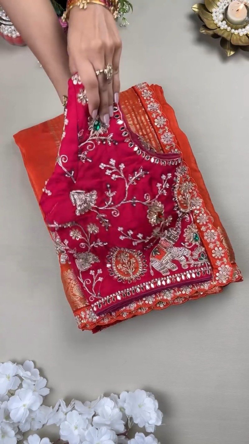 Royal Elephant Motif Hand-Embroidered Saree Set – Available in Orange & Fuchsia Pink