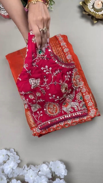 Royal Elephant Motif Hand-Embroidered Saree Set – Available in Orange & Fuchsia Pink