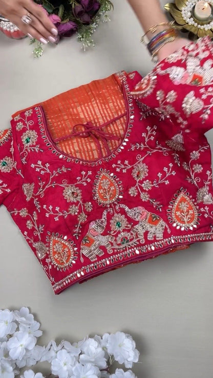 Royal Elephant Motif Hand-Embroidered Saree Set – Available in Orange & Fuchsia Pink