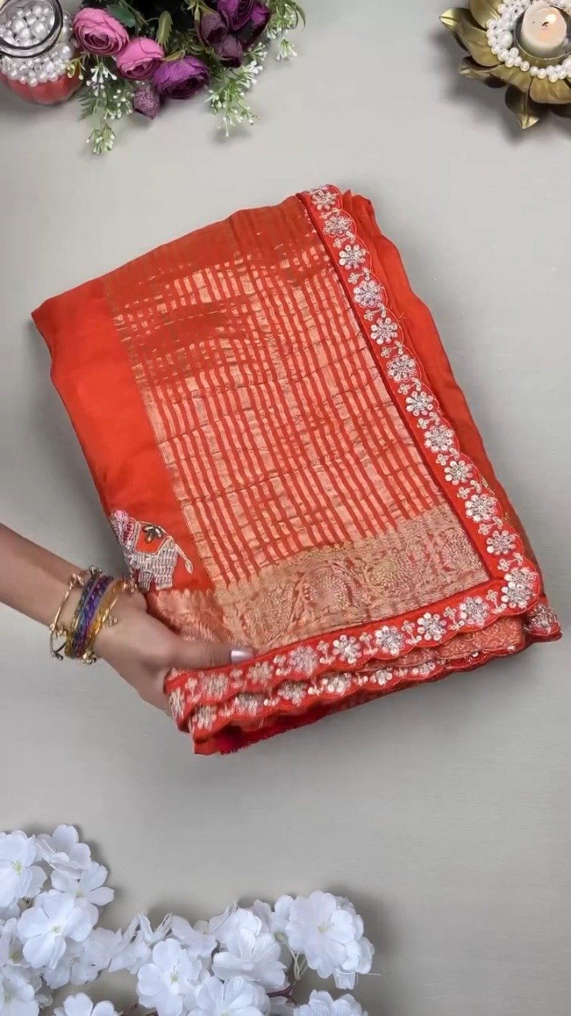 Royal Elephant Motif Hand-Embroidered Saree Set – Available in Orange & Fuchsia Pink
