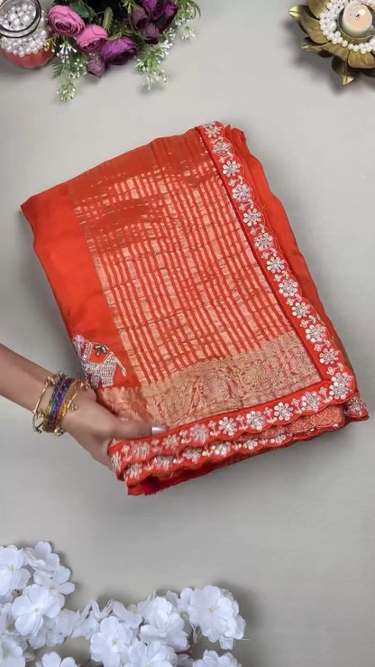 Royal Elephant Motif Hand-Embroidered Saree Set – Available in Orange & Fuchsia Pink