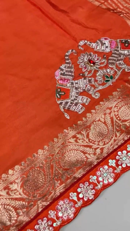 Royal Elephant Motif Hand-Embroidered Saree Set – Available in Orange & Fuchsia Pink