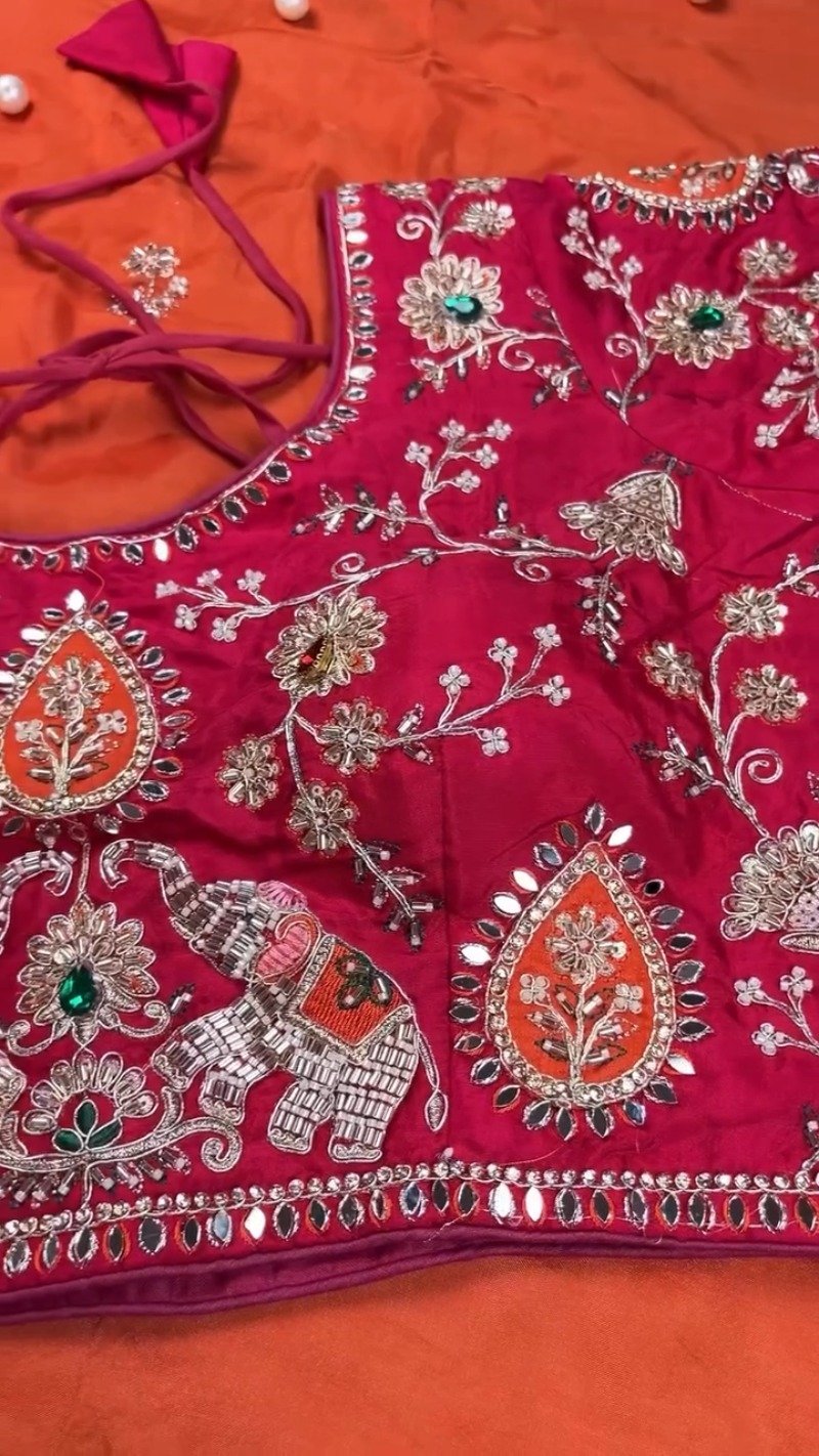 Royal Elephant Motif Hand-Embroidered Saree Set – Available in Orange & Fuchsia Pink