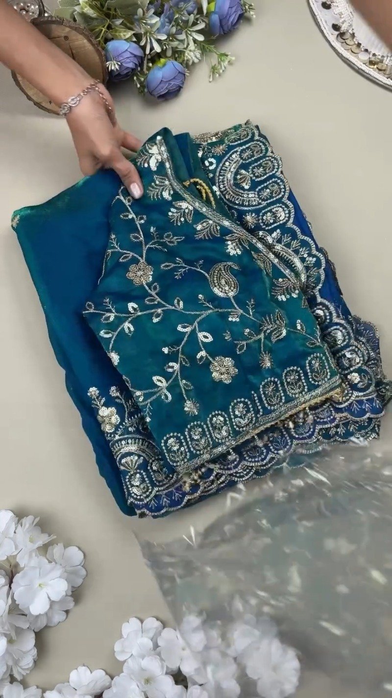 Midnight Teal Shimmer Silk Saree with Intricate Sequin & Zari Embroidery