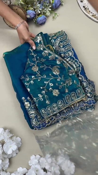 Midnight Teal Shimmer Silk Saree with Intricate Sequin & Zari Embroidery
