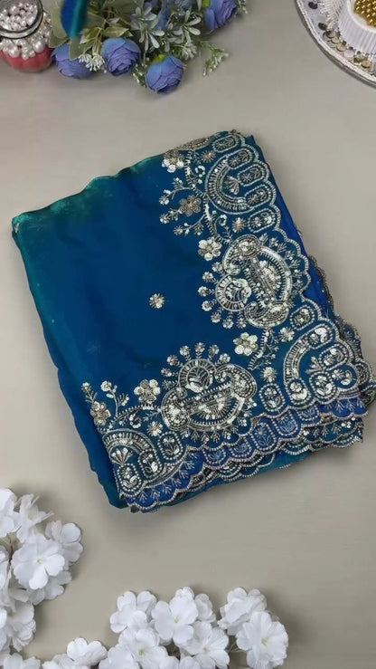Midnight Teal Shimmer Silk Saree with Intricate Sequin & Zari Embroidery