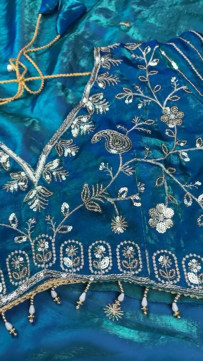 Midnight Teal Shimmer Silk Saree with Intricate Sequin & Zari Embroidery
