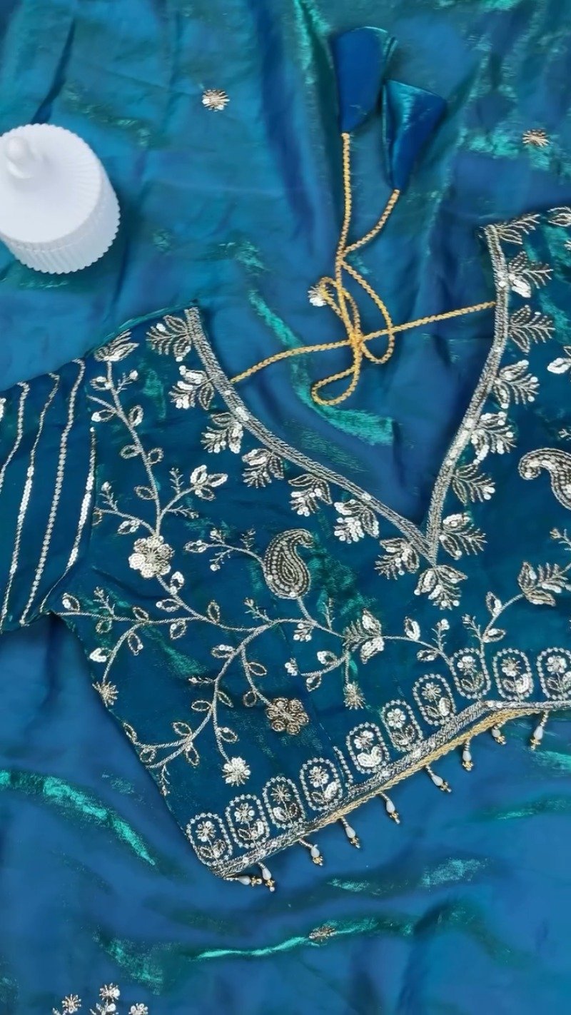 Midnight Teal Shimmer Silk Saree with Intricate Sequin & Zari Embroidery