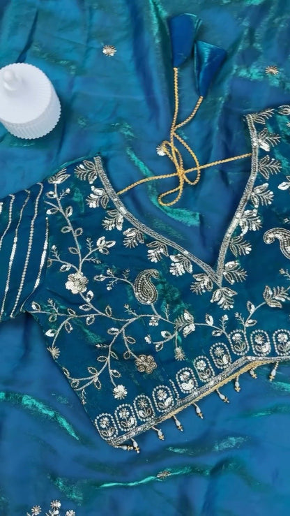 Midnight Teal Shimmer Silk Saree with Intricate Sequin & Zari Embroidery