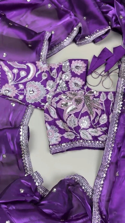 Royal Purple Resham & Sequin Embroidered Saree Set