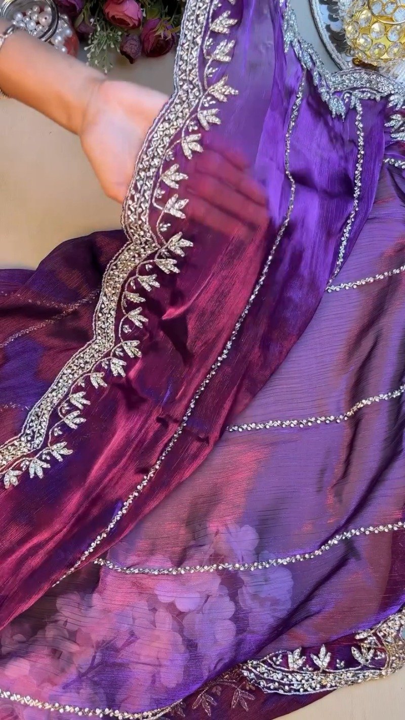 Regal Royal Purple Embroidered Saree with Embellished Blouse Set