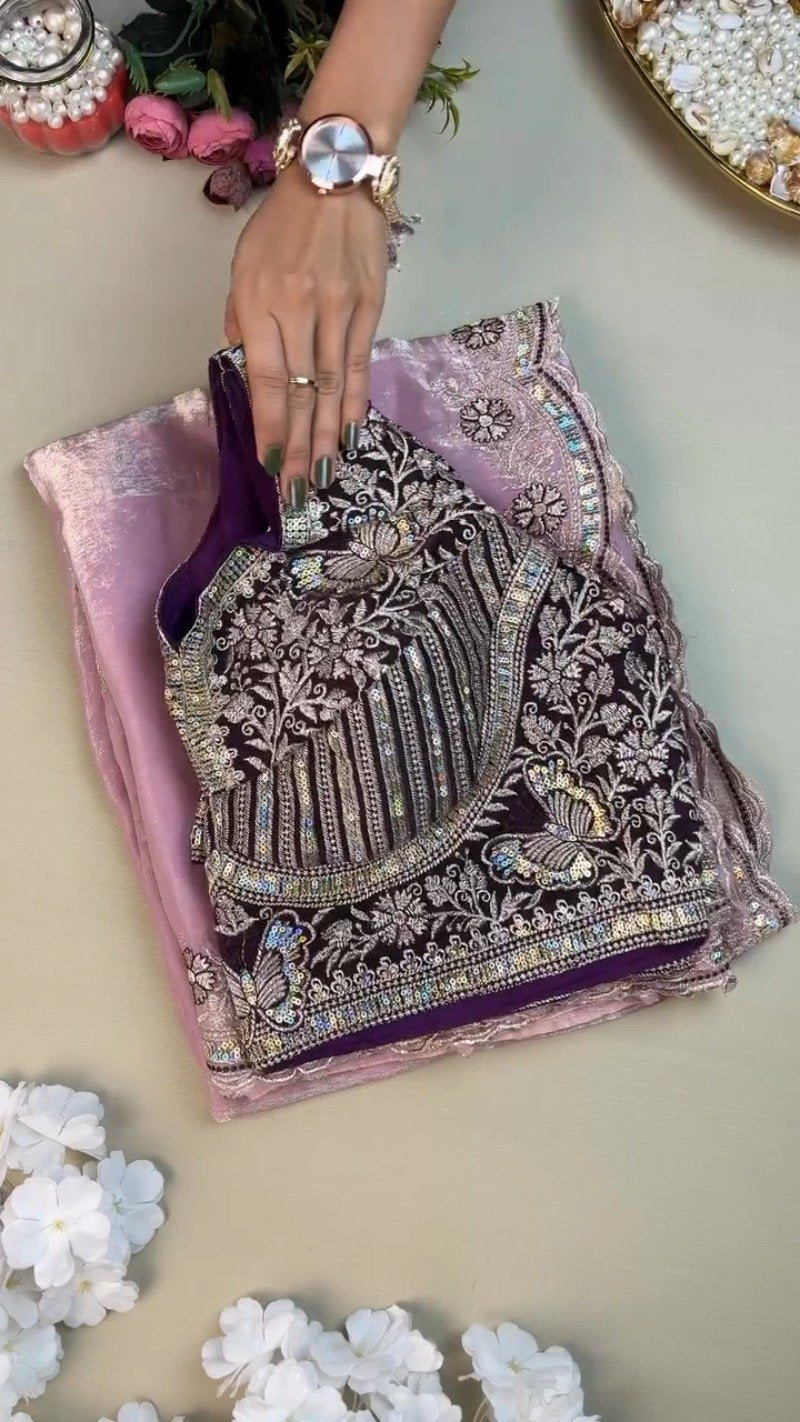 Enchanting Butterfly Embroidered Organza Saree Set – Available in Deep Plum & Soft Blush