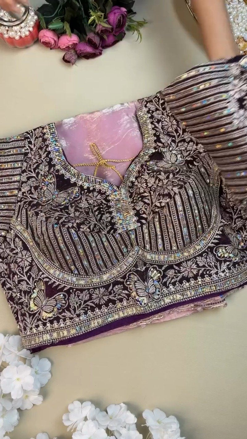 Enchanting Butterfly Embroidered Organza Saree Set – Available in Deep Plum & Soft Blush