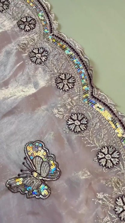 Enchanting Butterfly Embroidered Organza Saree Set – Available in Deep Plum & Soft Blush