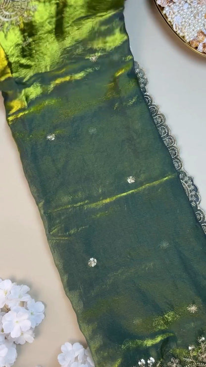 Olive Green Hand-Embroidered Organza Saree Set with Embellished Blouse