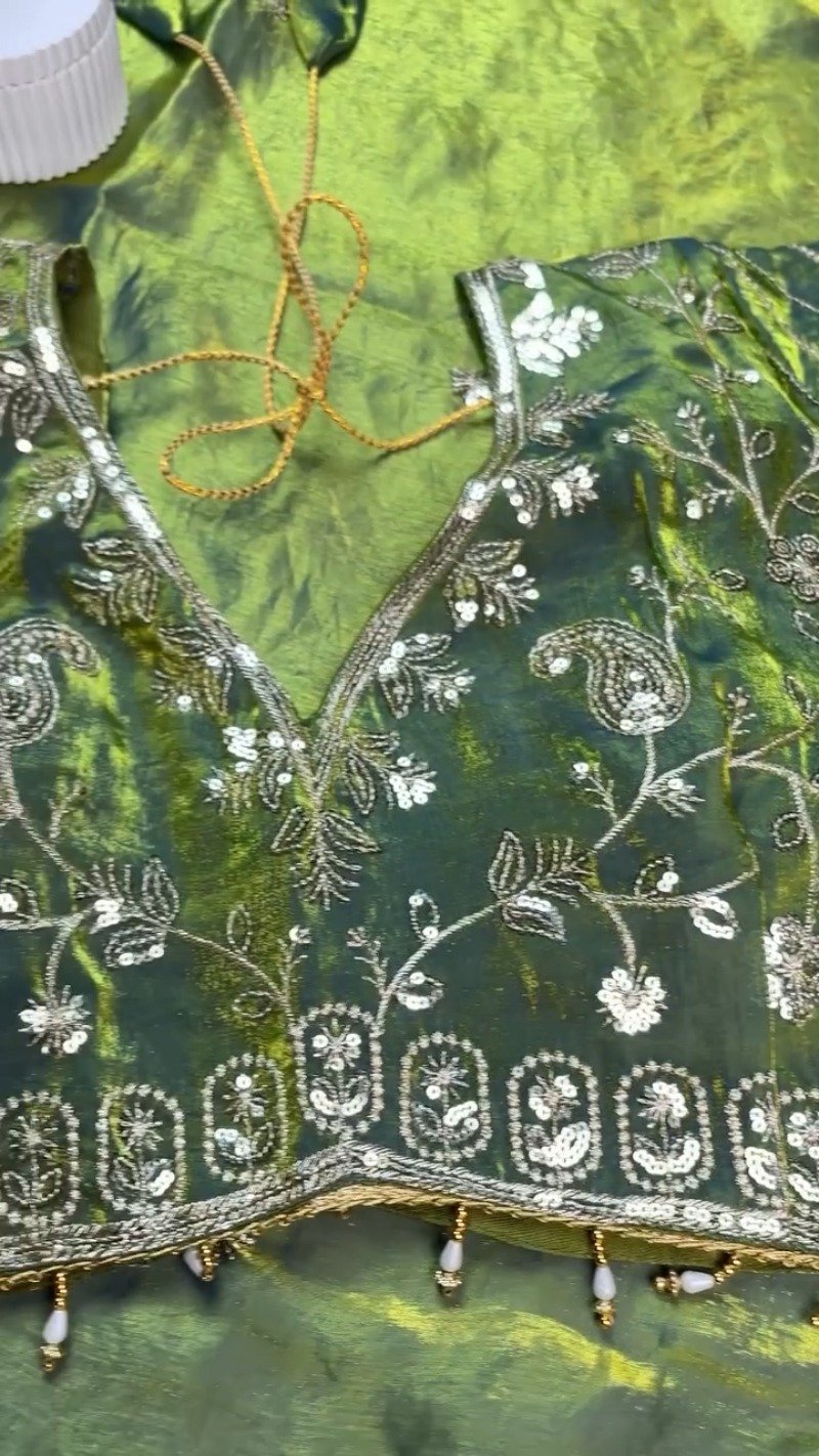 Olive Green Hand-Embroidered Organza Saree Set with Embellished Blouse