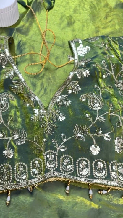 Olive Green Hand-Embroidered Organza Saree Set with Embellished Blouse