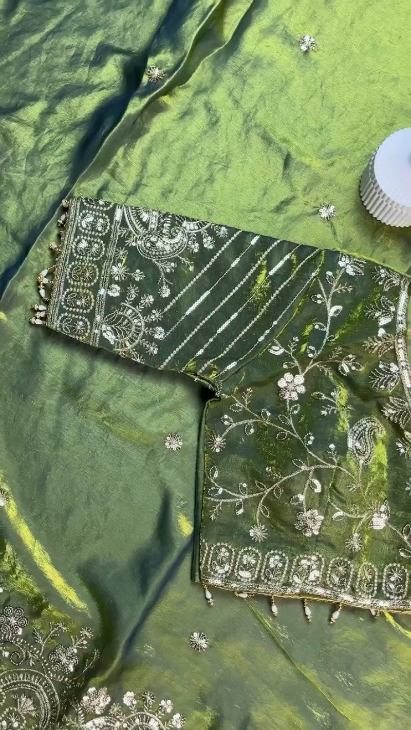 Olive Green Hand-Embroidered Organza Saree Set with Embellished Blouse
