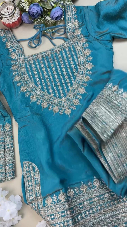 Enchanting Teal Silk Kurta Set with Intricate Silver Threadwork – Available in Classic Teal