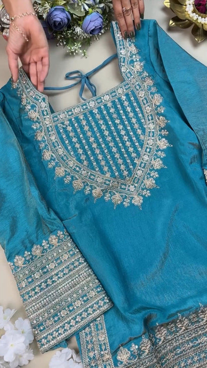 Enchanting Teal Silk Kurta Set with Intricate Silver Threadwork – Available in Classic Teal