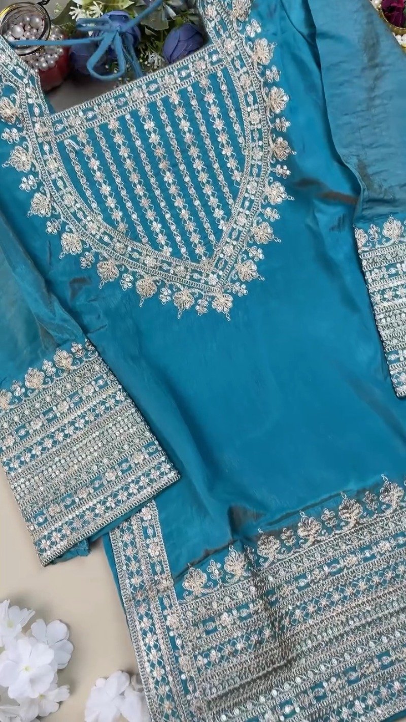 Enchanting Teal Silk Kurta Set with Intricate Silver Threadwork – Available in Classic Teal