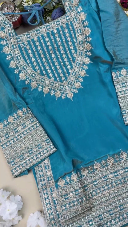 Enchanting Teal Silk Kurta Set with Intricate Silver Threadwork – Available in Classic Teal