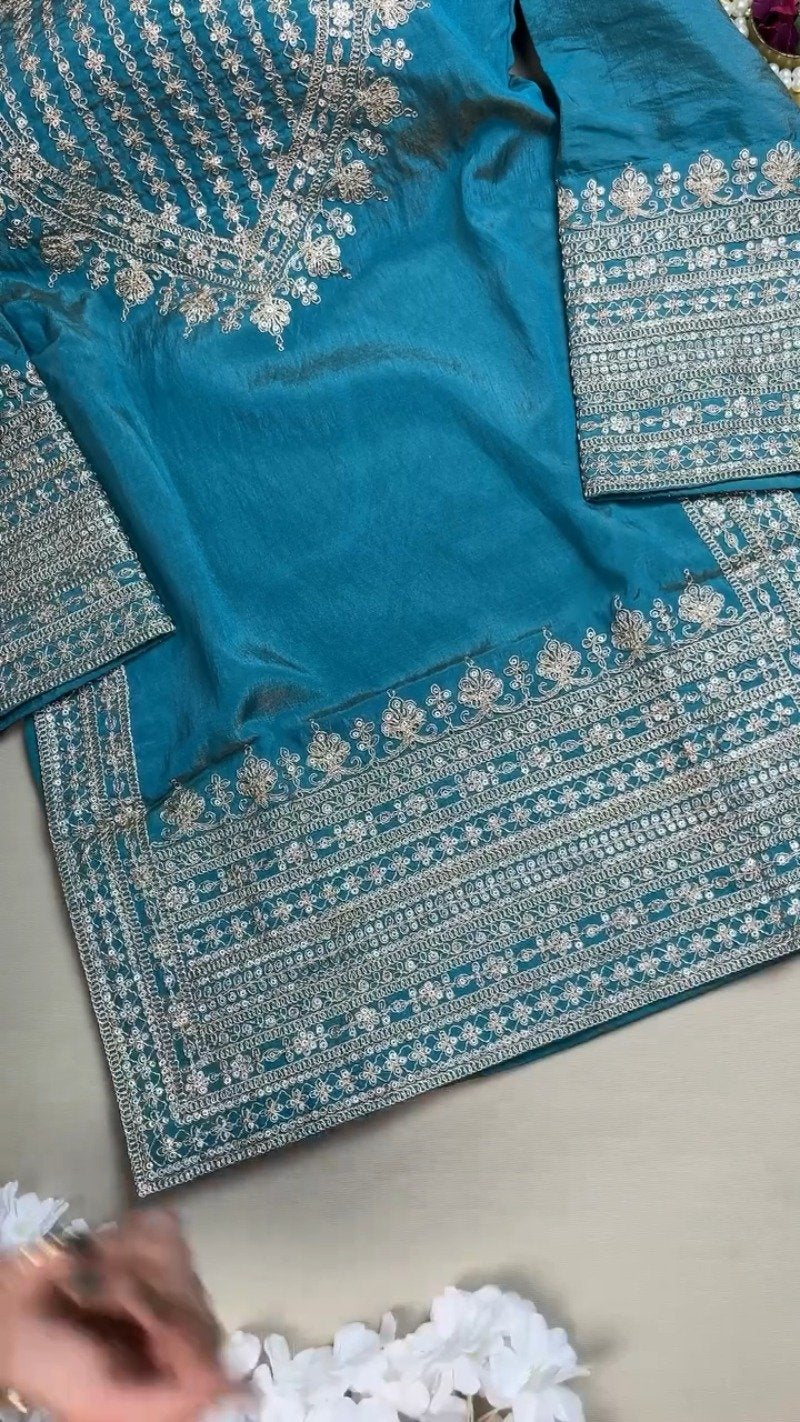 Enchanting Teal Silk Kurta Set with Intricate Silver Threadwork – Available in Classic Teal
