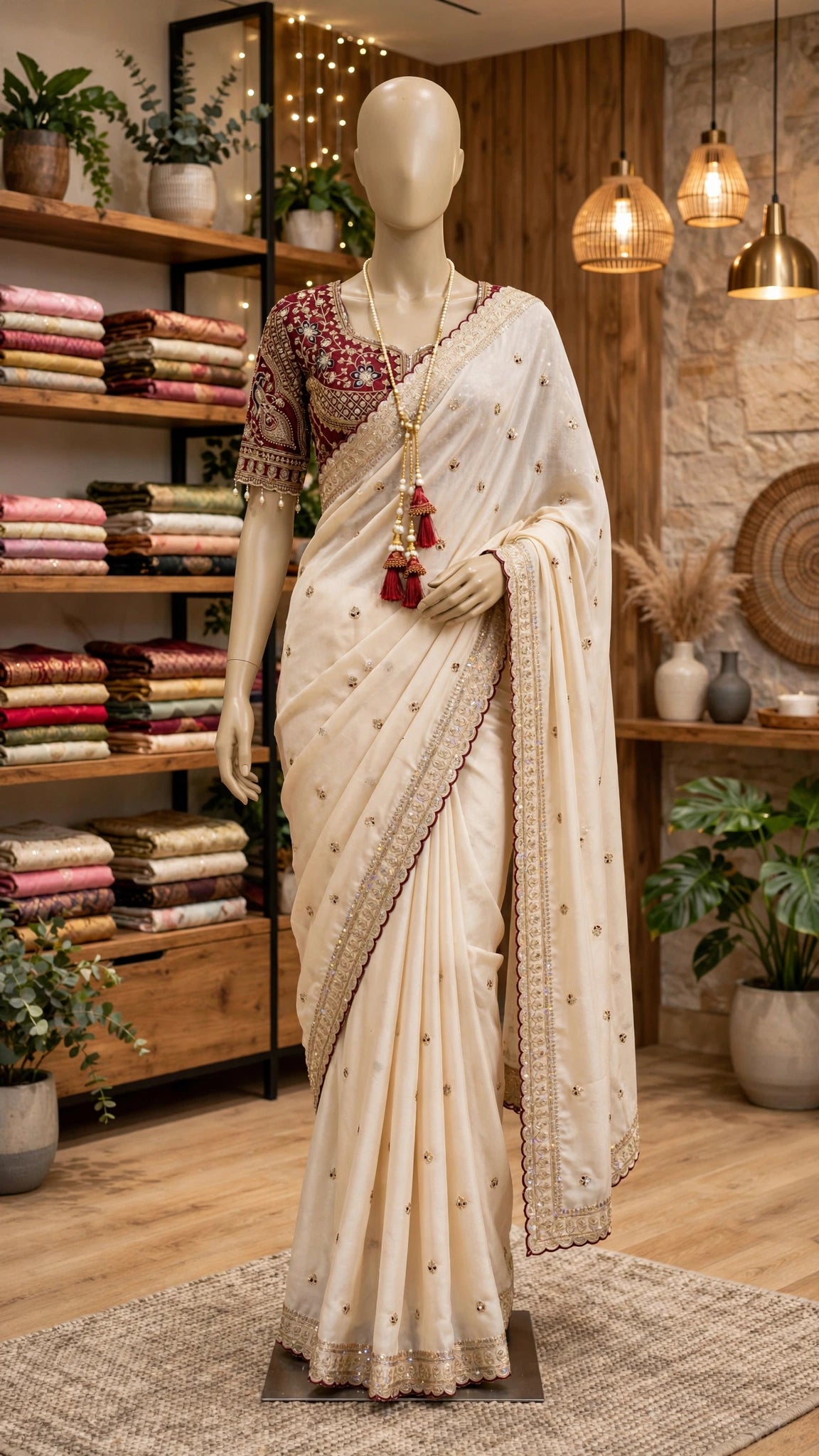 Opulent Ivory & Maroon Hand-Embellished Silk Saree Ensemble