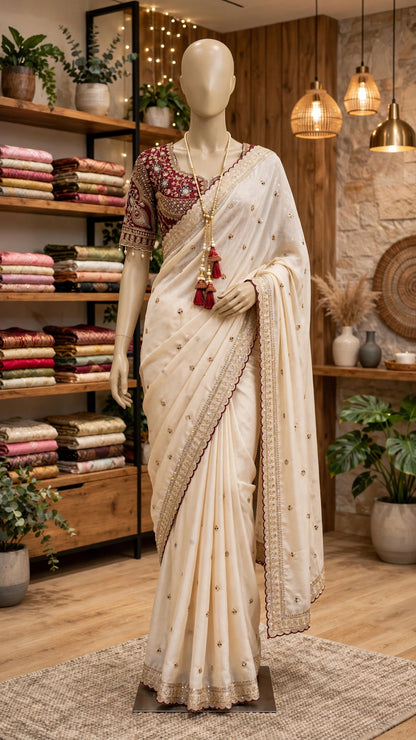 Opulent Ivory & Maroon Hand-Embellished Silk Saree Ensemble