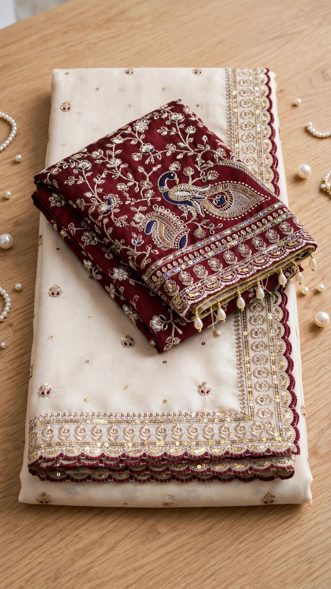 Opulent Ivory & Maroon Hand-Embellished Silk Saree Ensemble