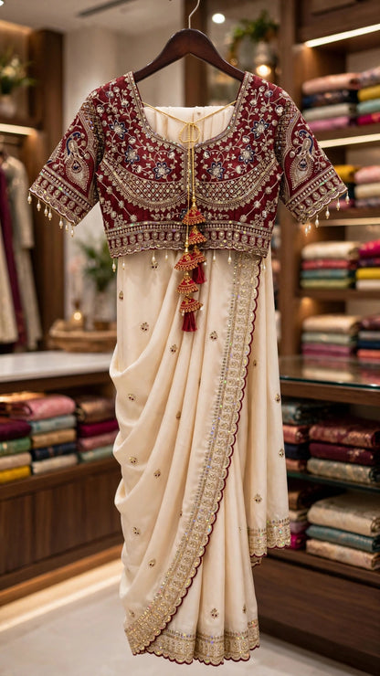 Opulent Ivory & Maroon Hand-Embellished Silk Saree Ensemble