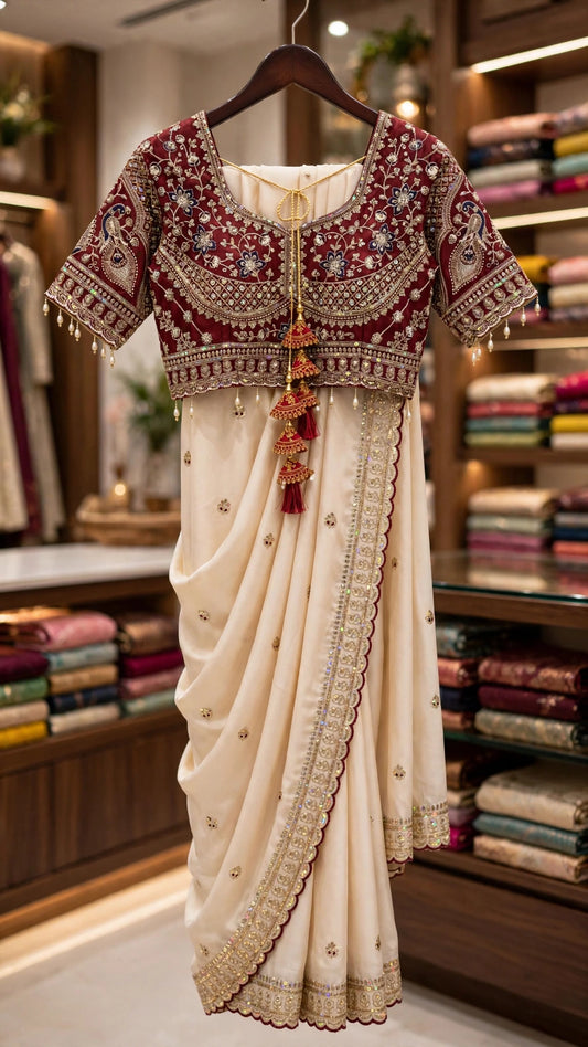 Opulent Ivory & Maroon Hand-Embellished Silk Saree Ensemble