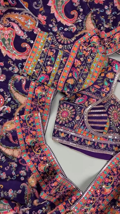 Royal Plum Embroidered Silk Lehenga Choli Set with Intricate Floral & Paisley Detailing