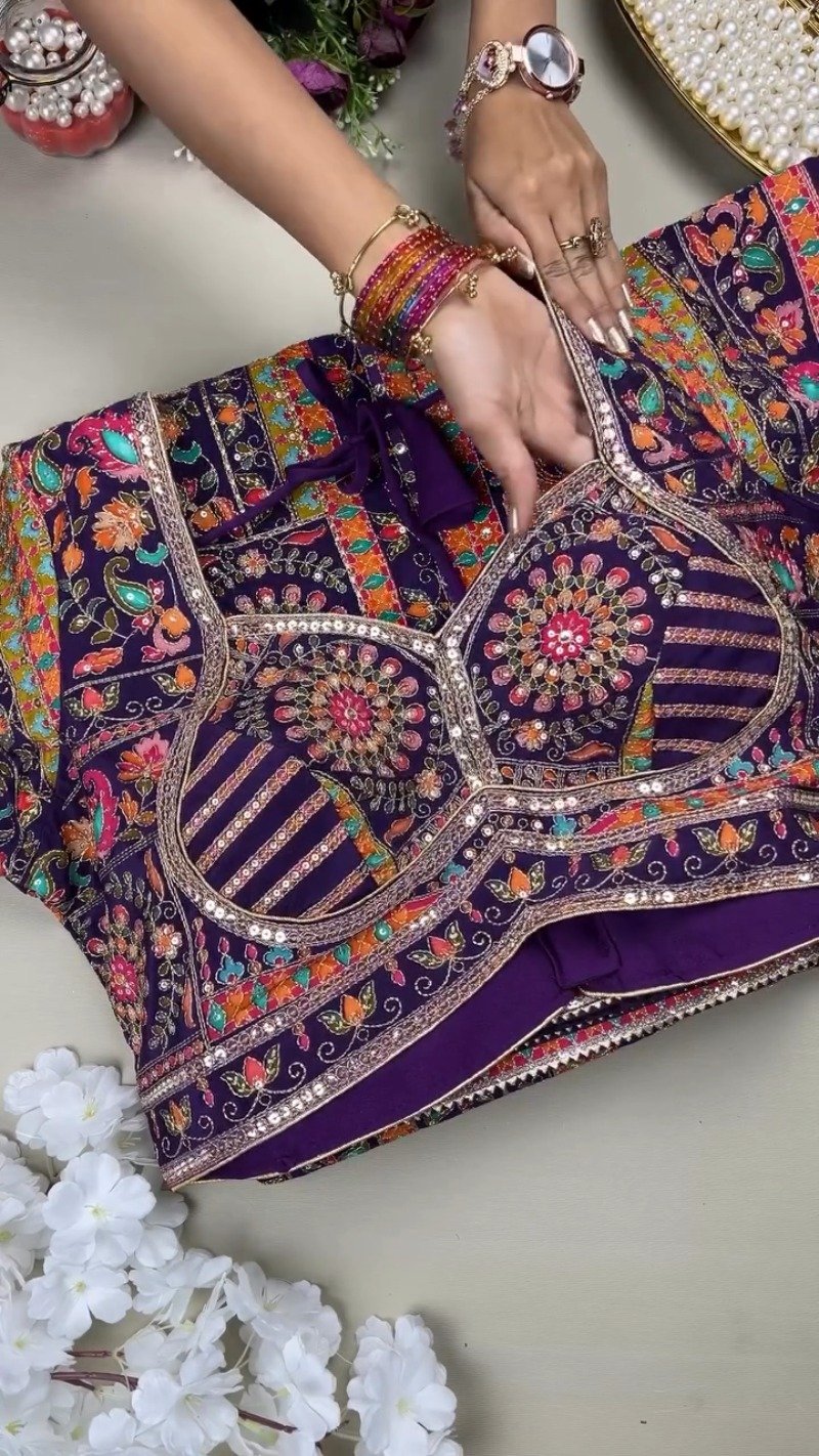 Royal Plum Embroidered Silk Lehenga Choli Set with Intricate Floral & Paisley Detailing
