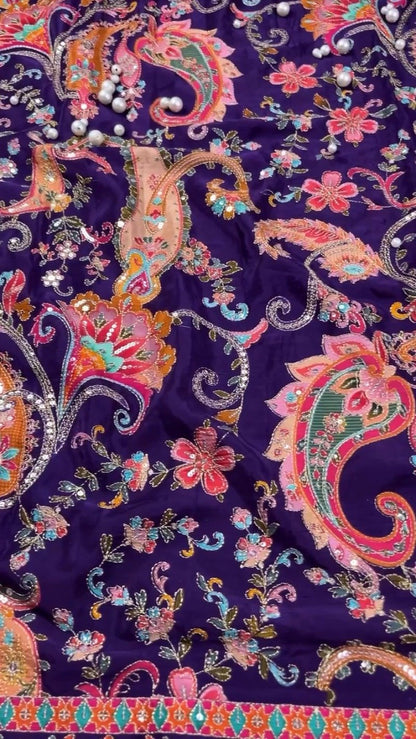 Royal Plum Embroidered Silk Lehenga Choli Set with Intricate Floral & Paisley Detailing