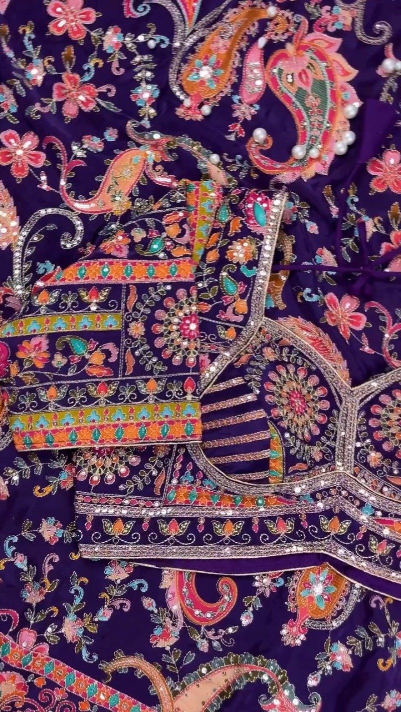 Royal Plum Embroidered Silk Lehenga Choli Set with Intricate Floral & Paisley Detailing