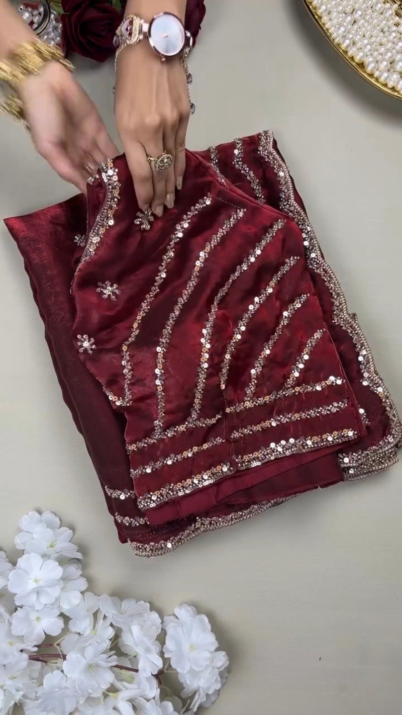 Deep Crimson Radiance Sequined Hand-Embroidered Saree Set