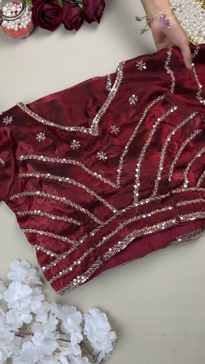 Deep Crimson Radiance Sequined Hand-Embroidered Saree Set